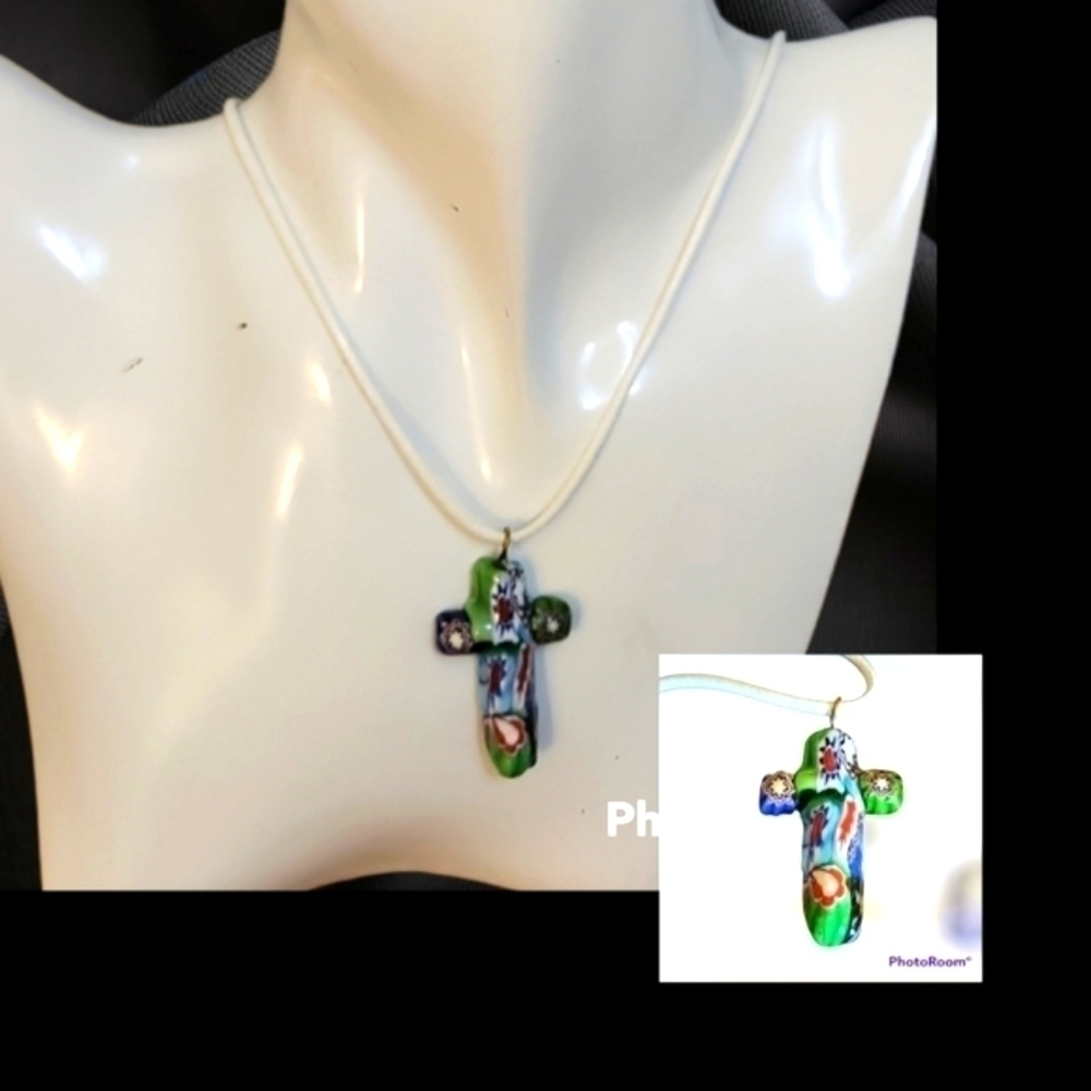 VENETIAN Millefiori Cross Pendant Cord Necklace